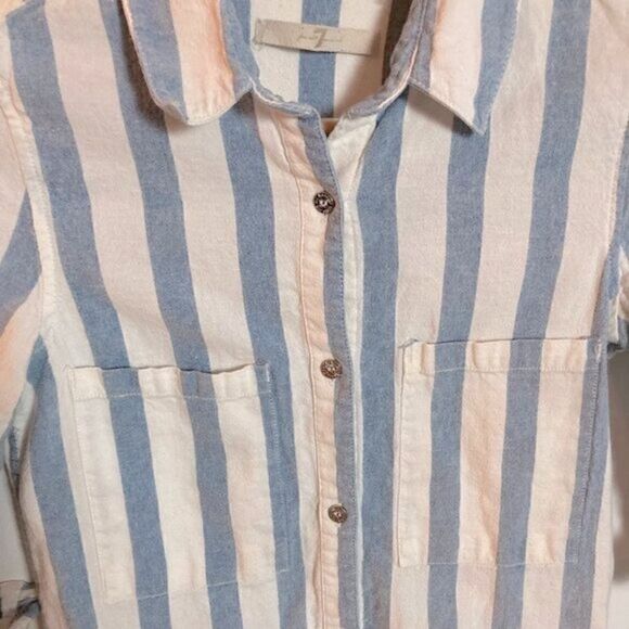 7 for All Mankind Striped White Blue Button Down Collar Shirt Dress Size XS - Picture 6 of 6